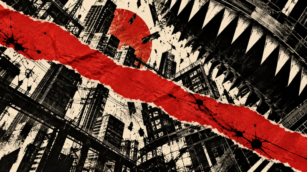 Collage astratto rosso nero e avorio con città e forme meccaniche illustrazione editoriale