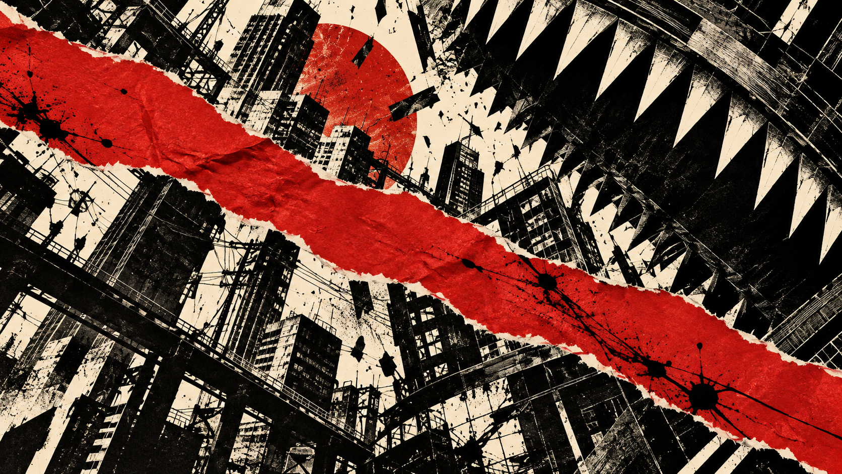 Chainsaw Man illustrazione editoriale Gamescafe Collage astratto rosso nero e avorio con città e forme meccaniche illustrazione editoriale