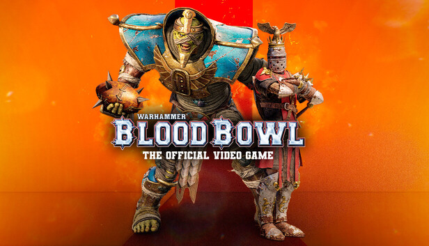 Logo di Warhammer Blood Bowl con un giocatore non morto in armatura azzurra su fondo arancione