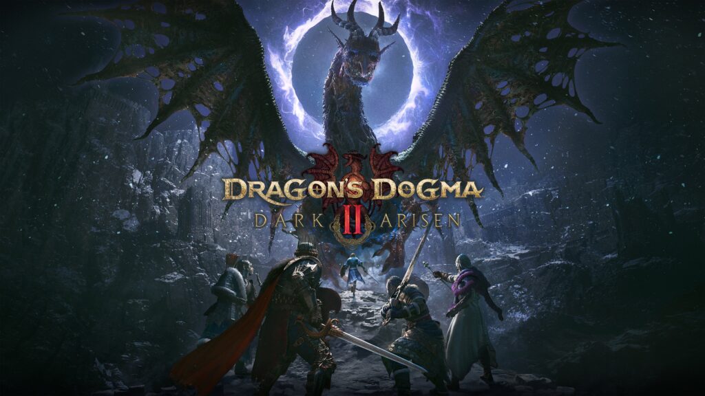 Immagine promozionale di Dragons Dogma 2 Dark Arisen un gruppo di avventurieri affronta un grande drago tra le rovine innevate