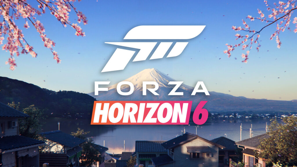Logo di Forza Horizon 6 davanti al Monte Fuji con rami di ciliegio ai lati