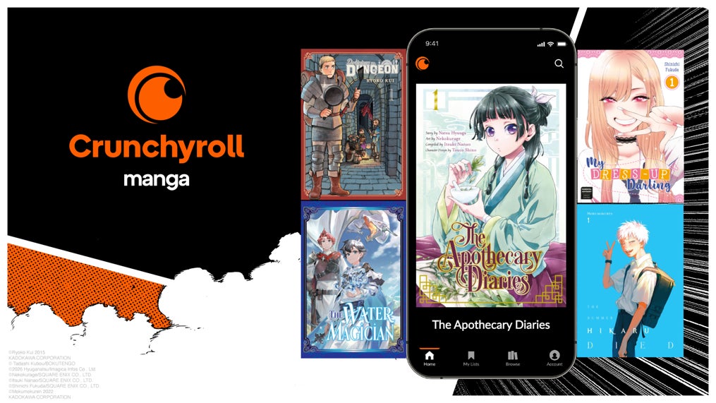 Crunchyroll Manga con uno smartphone e le copertine di The Apothecary Diaries Delicious in Dungeon e My Dress Up Darling