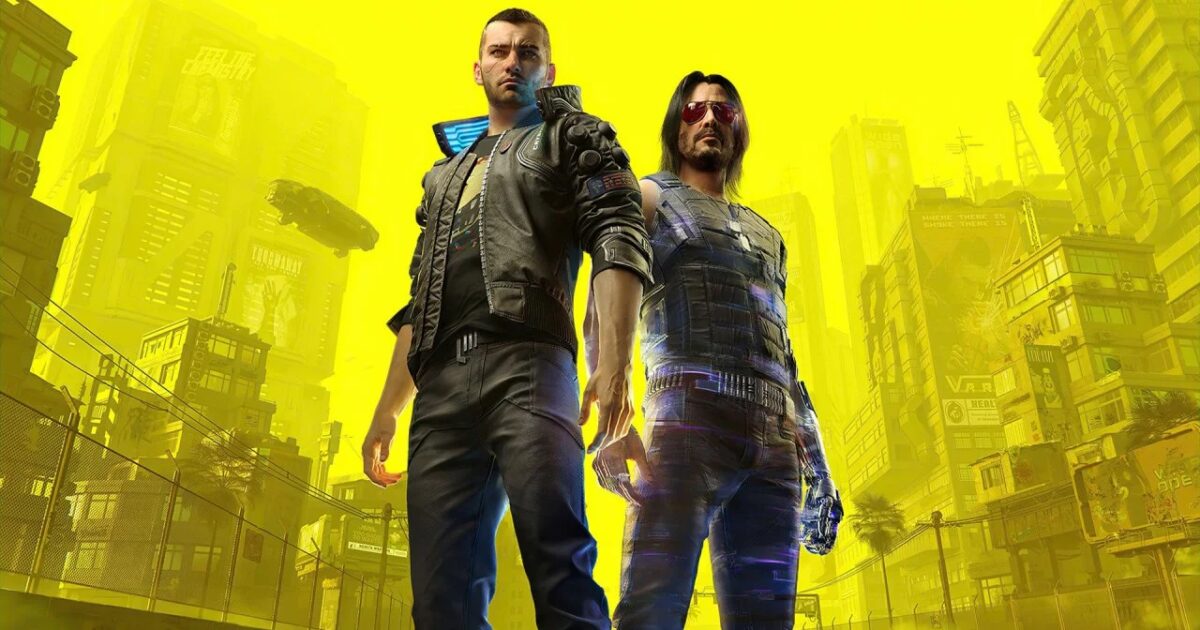 Logo di Cyberpunk 2077 accanto a un set cinematografico futuristico Gamescafe Logo di Cyberpunk 2077 accanto a un set cinematografico futuristico