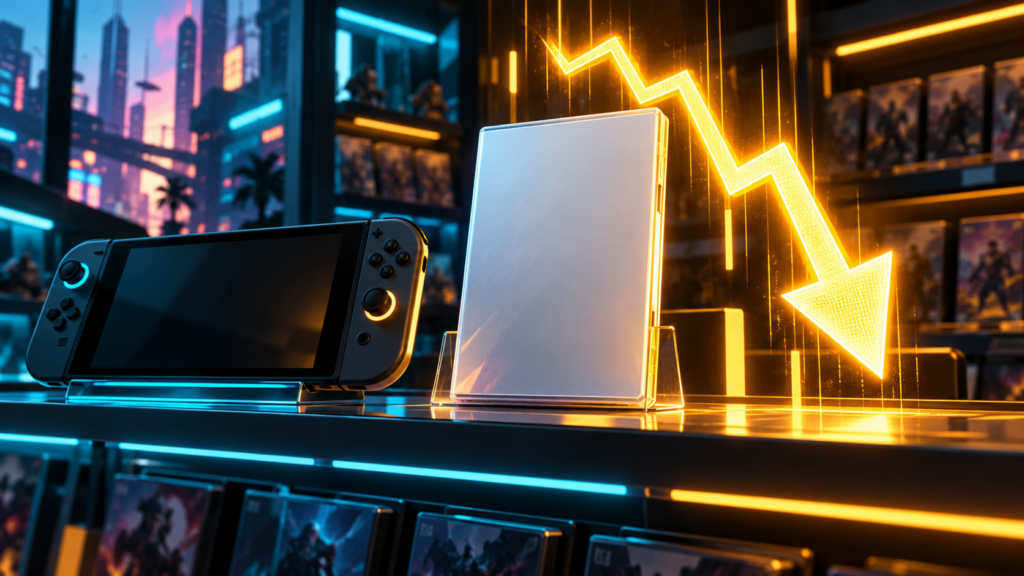 Illustrazione editoriale AI console portatile e custodia di un videogioco davanti a una freccia luminosa in discesa
