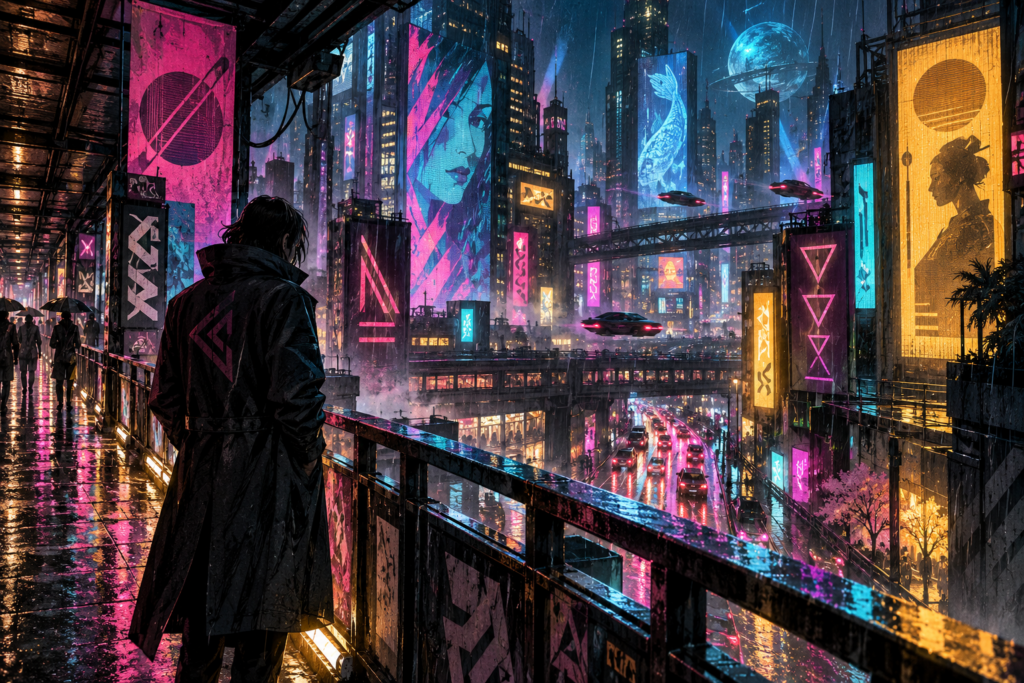 Figura in cappotto osserva una città futuristica piovosa illuminata da insegne al neon