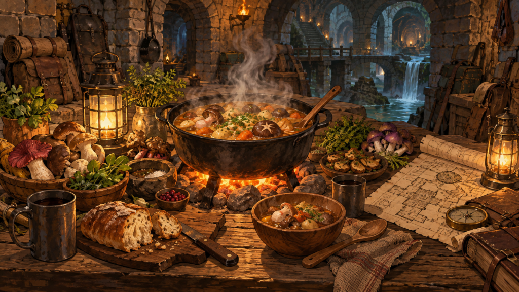 Pentola con un pasto fumante funghi e una pergamena su un tavolo in un dungeon fantasy