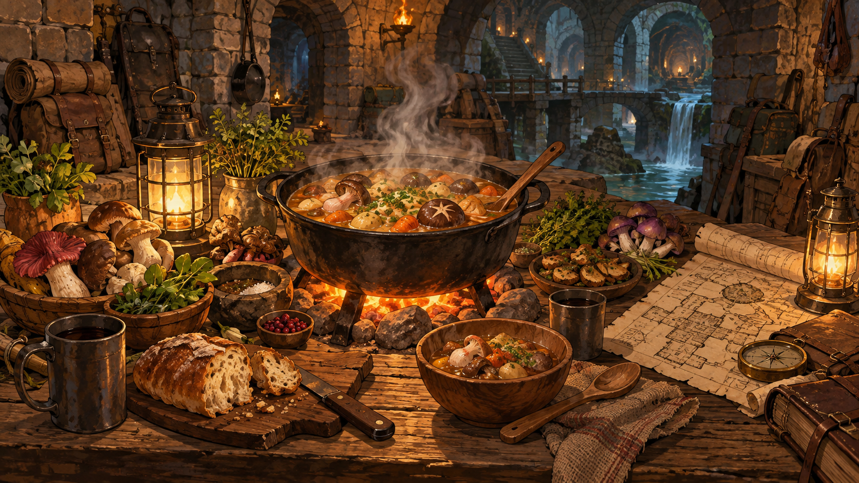 Delicious in Dungeon anime o manga da dove iniziare Gamescafe Pentola con un pasto fumante funghi e una pergamena su un tavolo in un dungeon fantasy