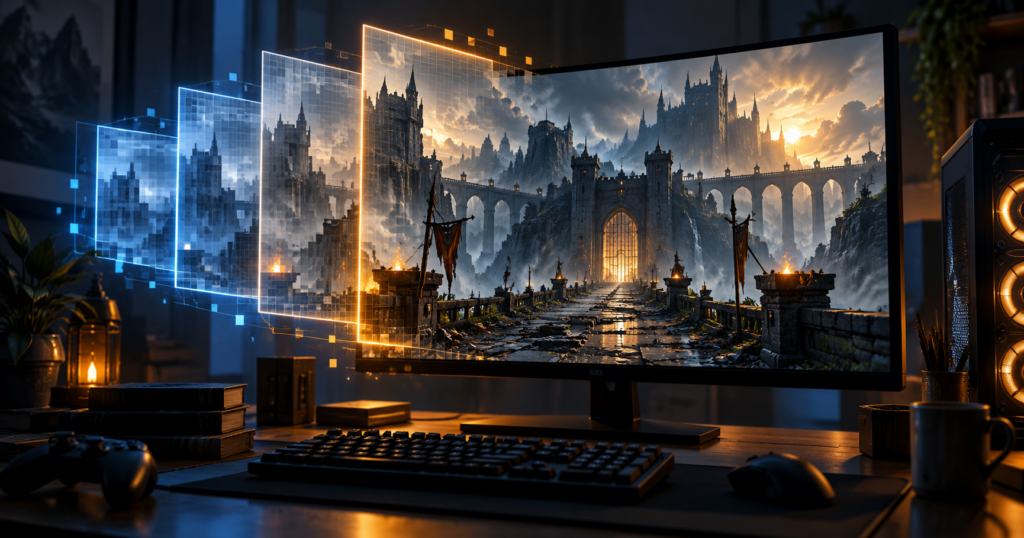 Illustrazione editoriale AI di una postazione PC con un castello fantasy e livelli grafici sovrapposti