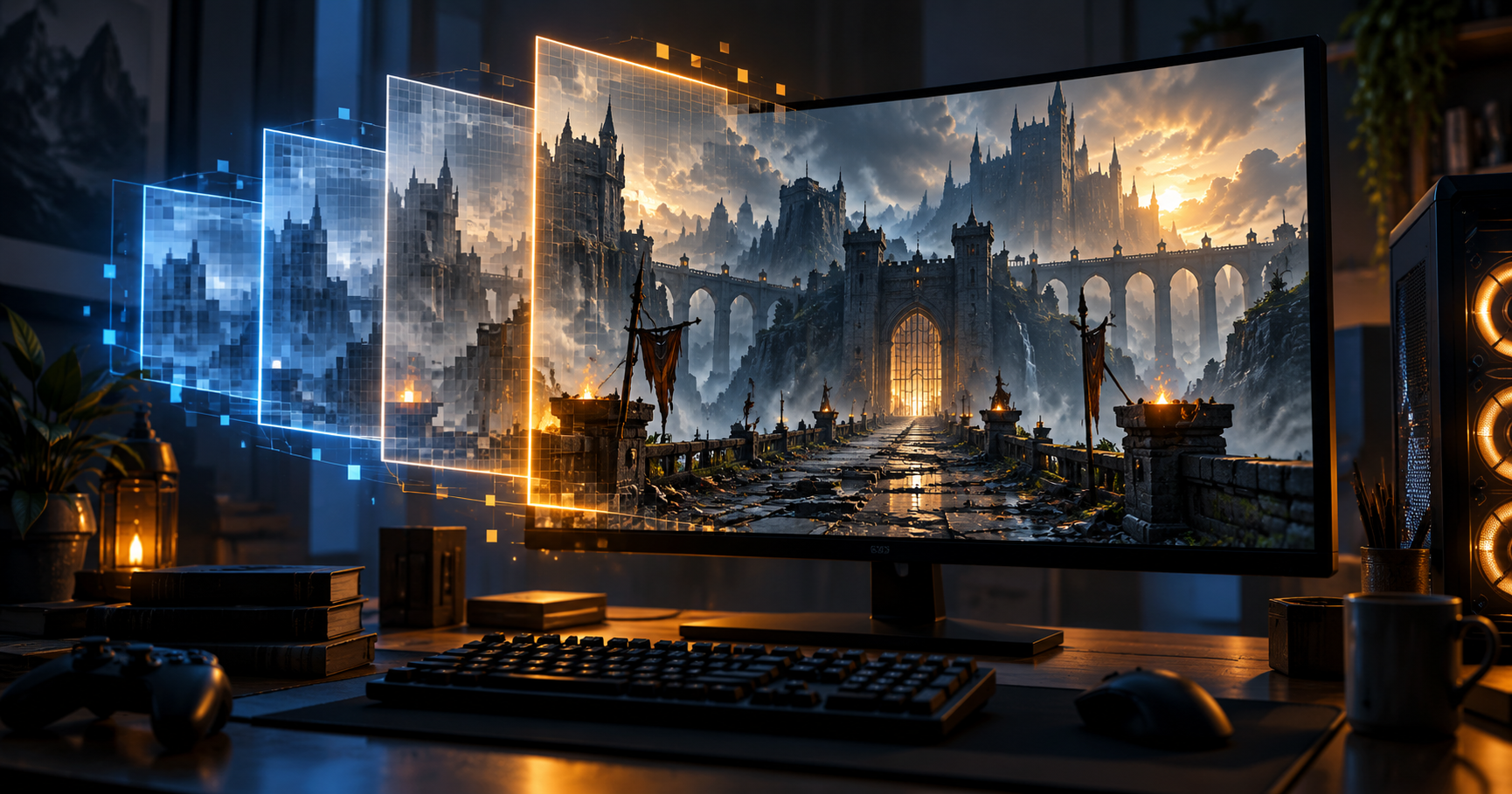 Illustrazione editoriale AI di una postazione PC con un castello fantasy e livelli grafici sovrapposti Gamescafe Illustrazione editoriale AI di una postazione PC con un castello fantasy e livelli grafici sovrapposti