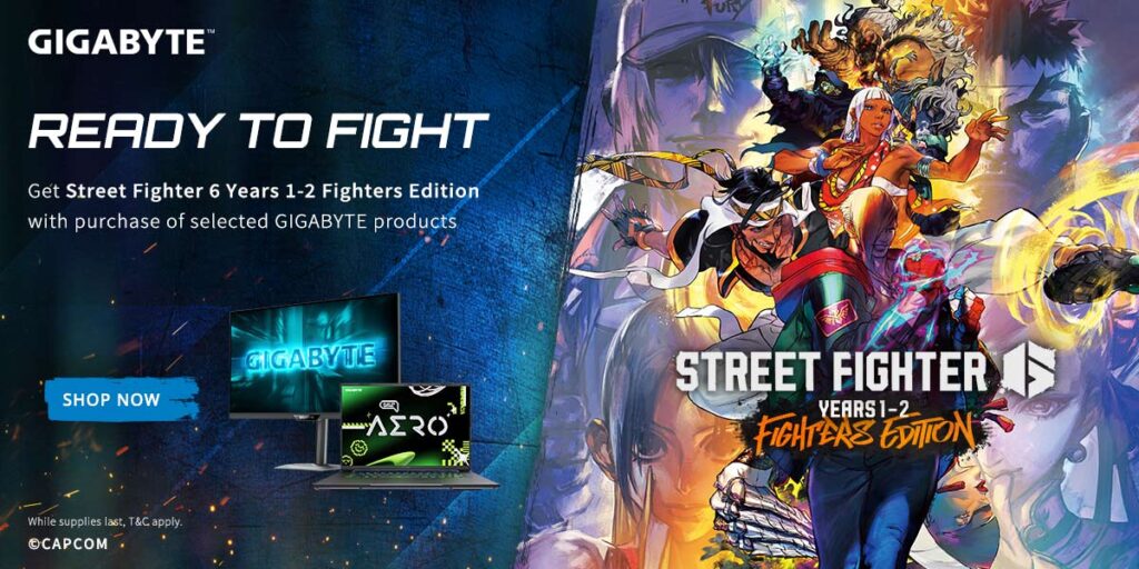 Banner ufficiale Gigabyte con i personaggi di Street Fighter 6 e il monitor in promozione
