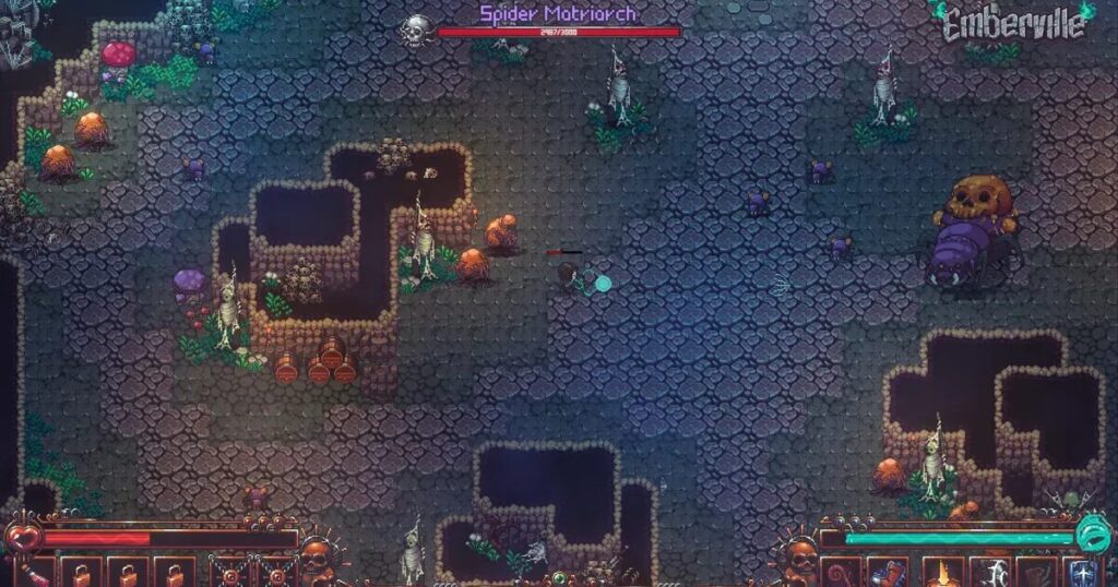 Artwork di Emberville con stile pixel art e ambientazione da action RPG