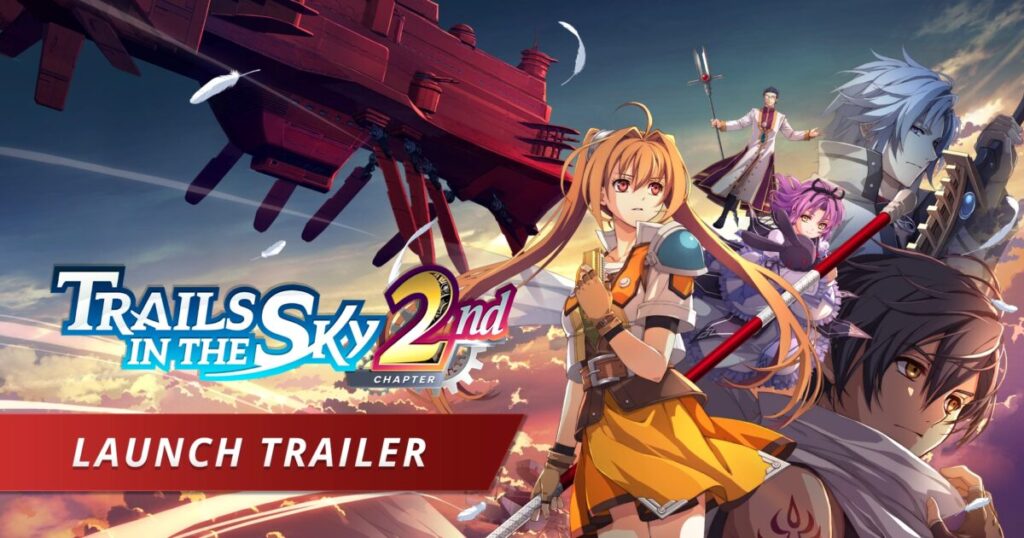 Personaggi e aeronave nellillustrazione ufficiale del trailer di lancio di Trails in the Sky 2nd Chapter