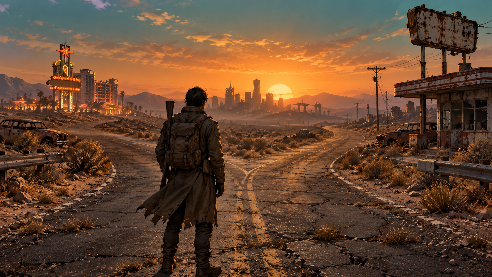 Fallout tre strade nella Zona Contaminata illustrazione editoriale GamesCafe Gamescafe Viaggiatore davanti a un bivio in una zona desertica post apocalittica con città in rovina e luci lontane