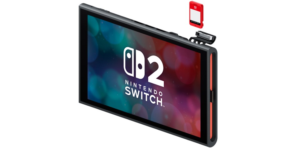 Nintendo Switch 2 con schermata del logo e scheda di gioco sopra la console