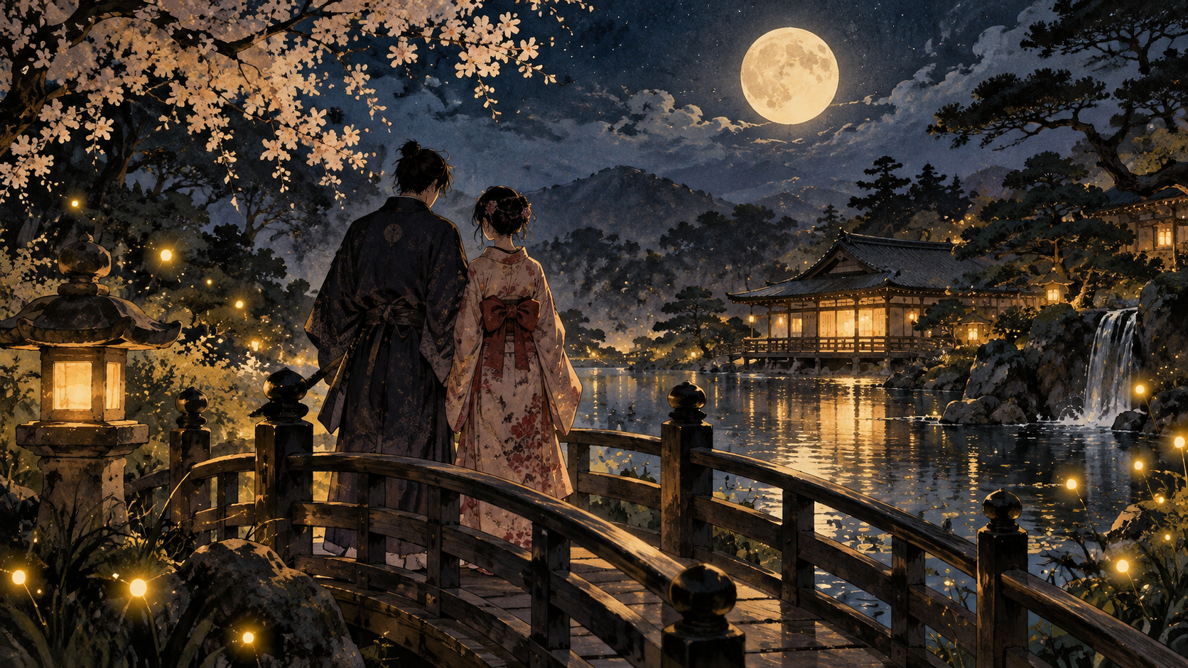 Firefly Wedding illustrazione editoriale Gamescafe Due figure su un ponte in un giardino giapponese illuminato da lucciole illustrazione editoriale