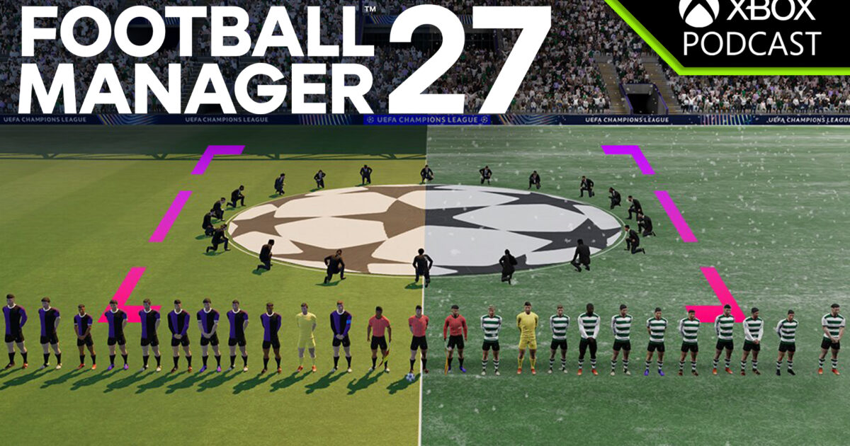 Logo di Football Manager 27 su sfondo verde con elementi di calcio e interfaccia manageriale