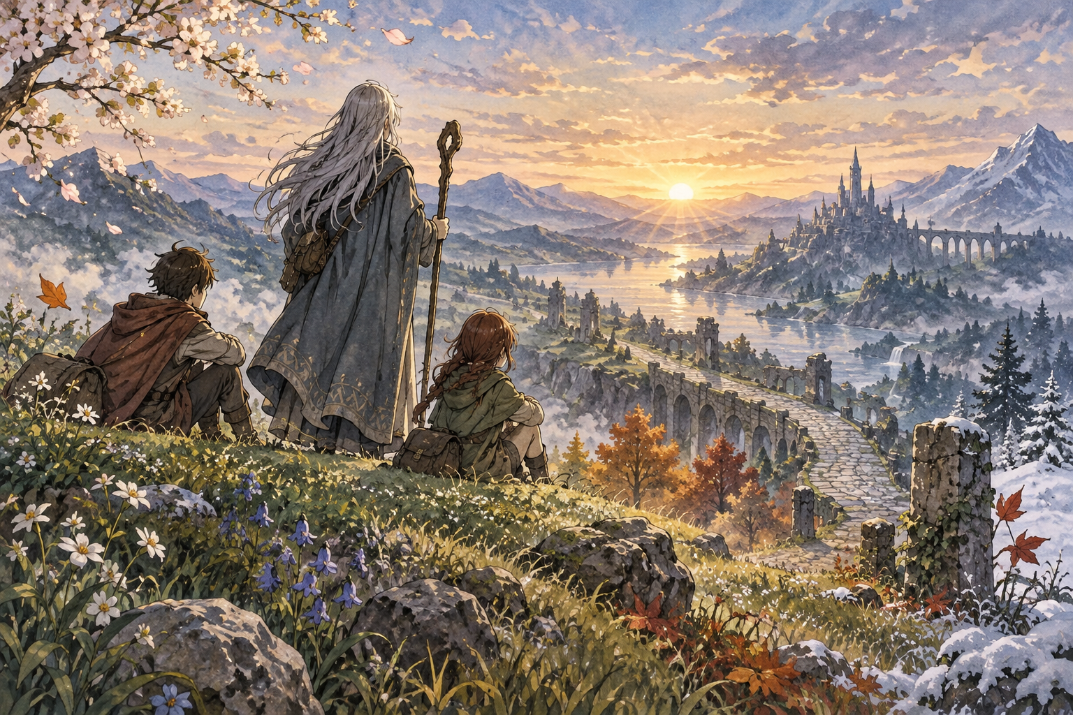 Tre viaggiatori su una collina guardano un paesaggio fantasy al tramonto