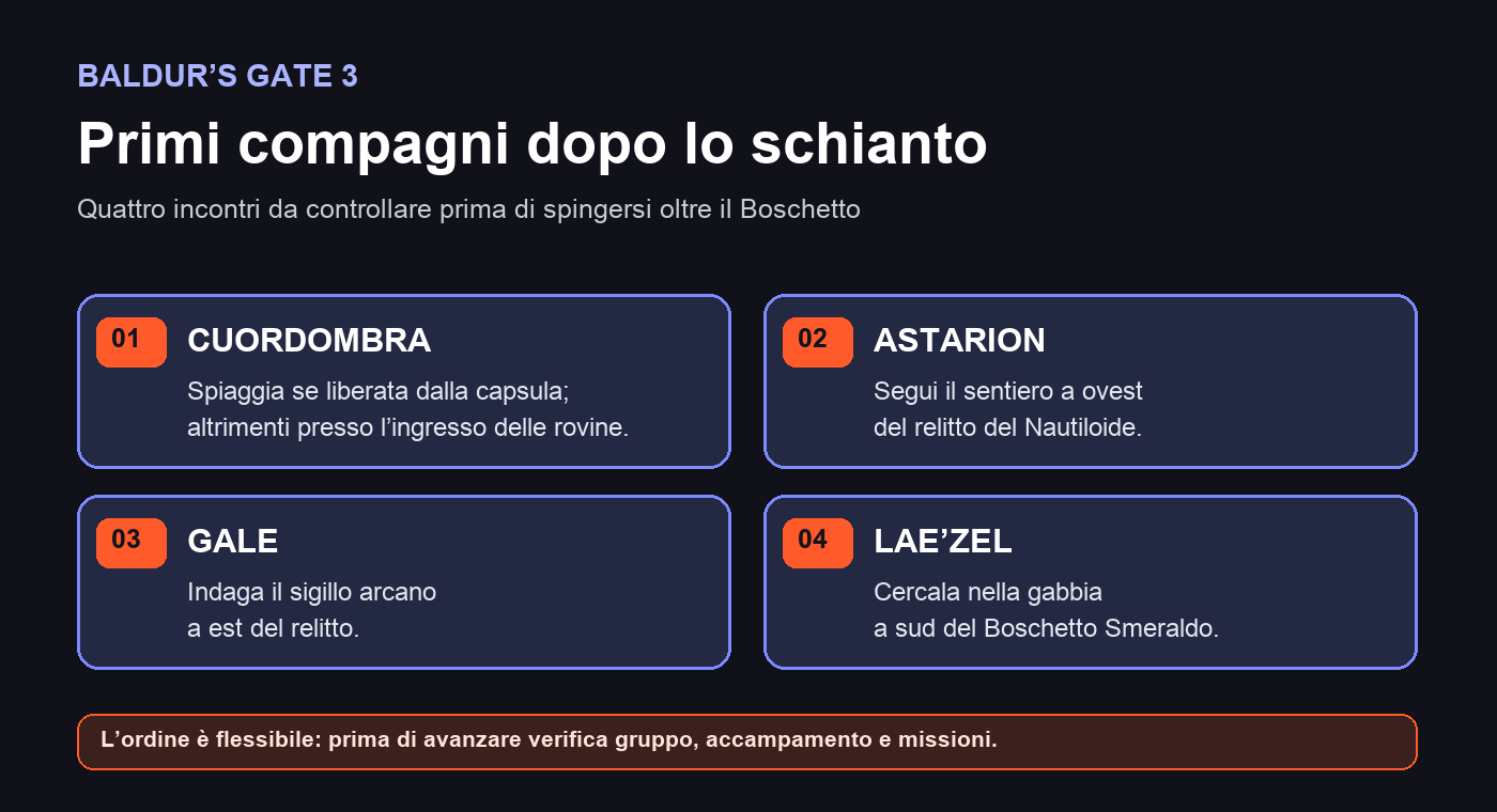 Schema GamesCafe con le posizioni iniziali di Cuordombra Astarion Gale e Laezel dopo lo schianto del Nautiloide