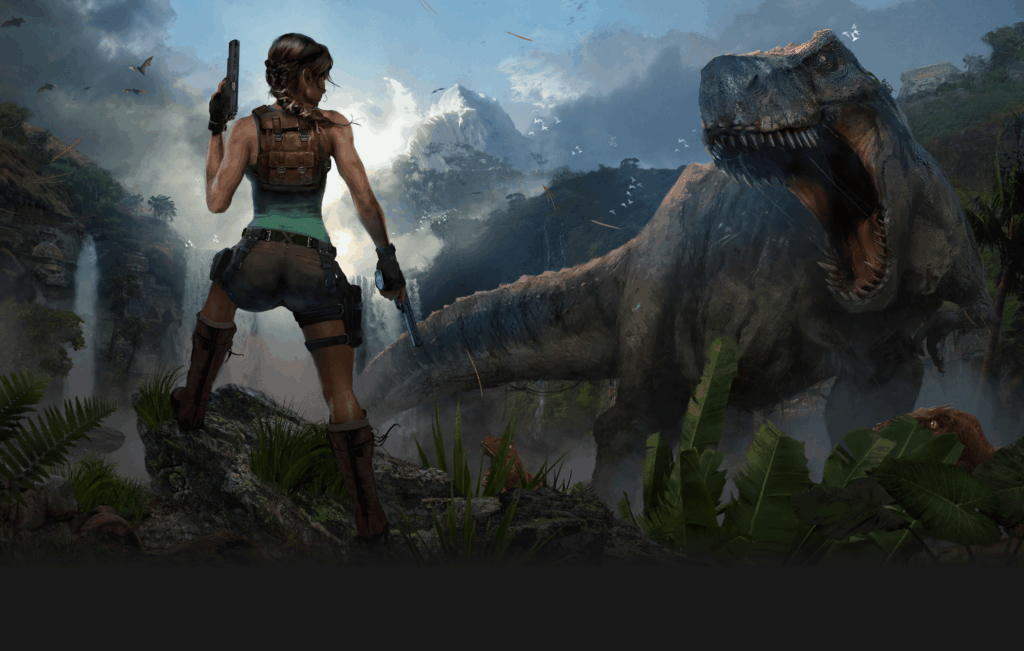 Lara Croft affronta un tirannosauro nellimmagine ufficiale di Tomb Raider Legacy of Atlantis