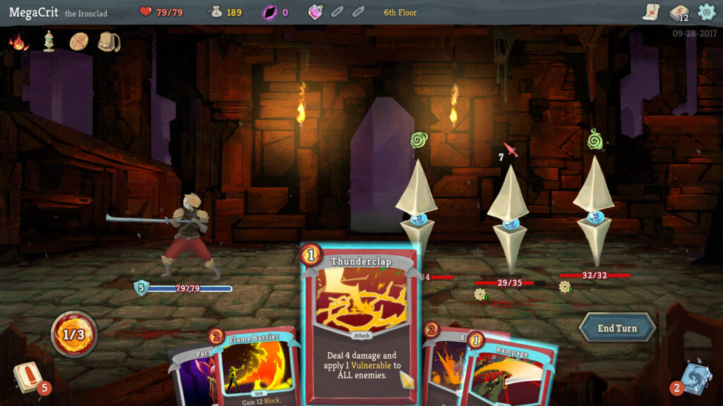 Slay the Spire schermata ufficiale Mega Crit Gamescafe Slay the Spire schermata ufficiale di un combattimento con carte e nemici