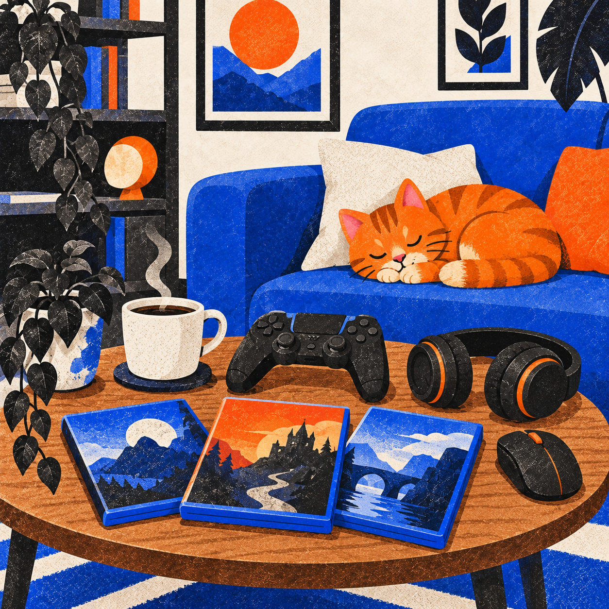 Un gatto arancione sul divano blu, con giochi e accessori sul tavolino
