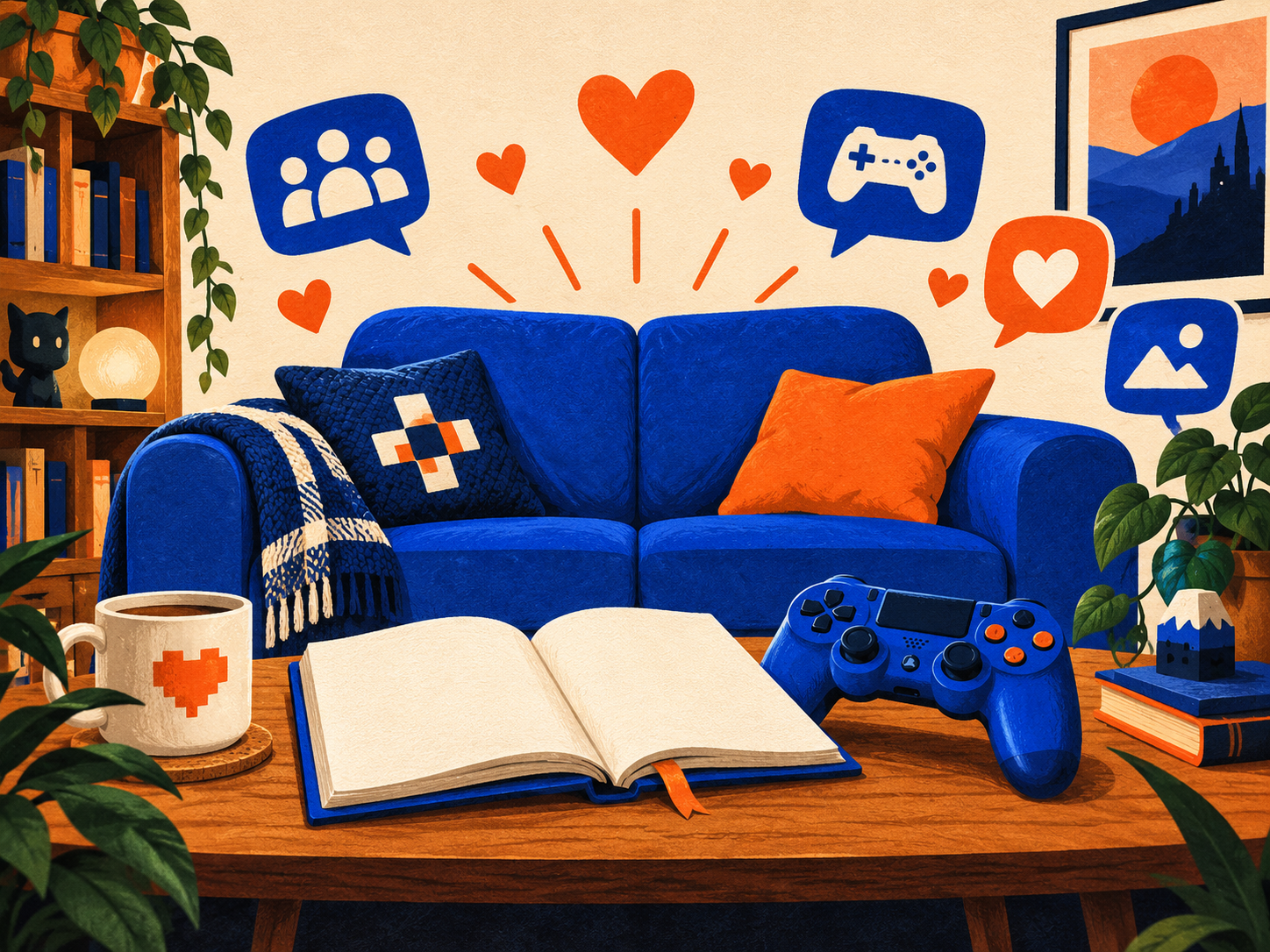Il salotto di GamesCafe con un controller, un libro aperto e cuori