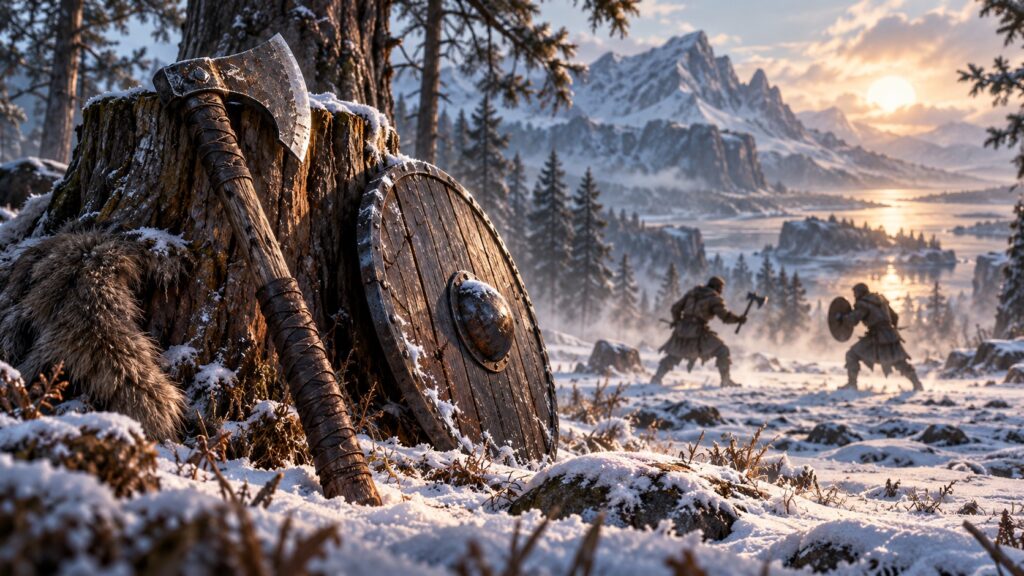 Guerriero con ascia e scudo in una foresta nordica illustrazione per la guida ai combattimenti di God of War