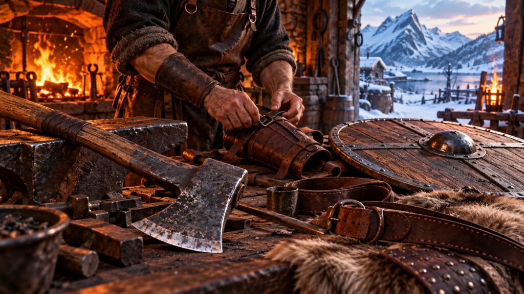 Guerriero con ascia davanti a un paesaggio nordico innevato illustrazione per God of War Ragnarök