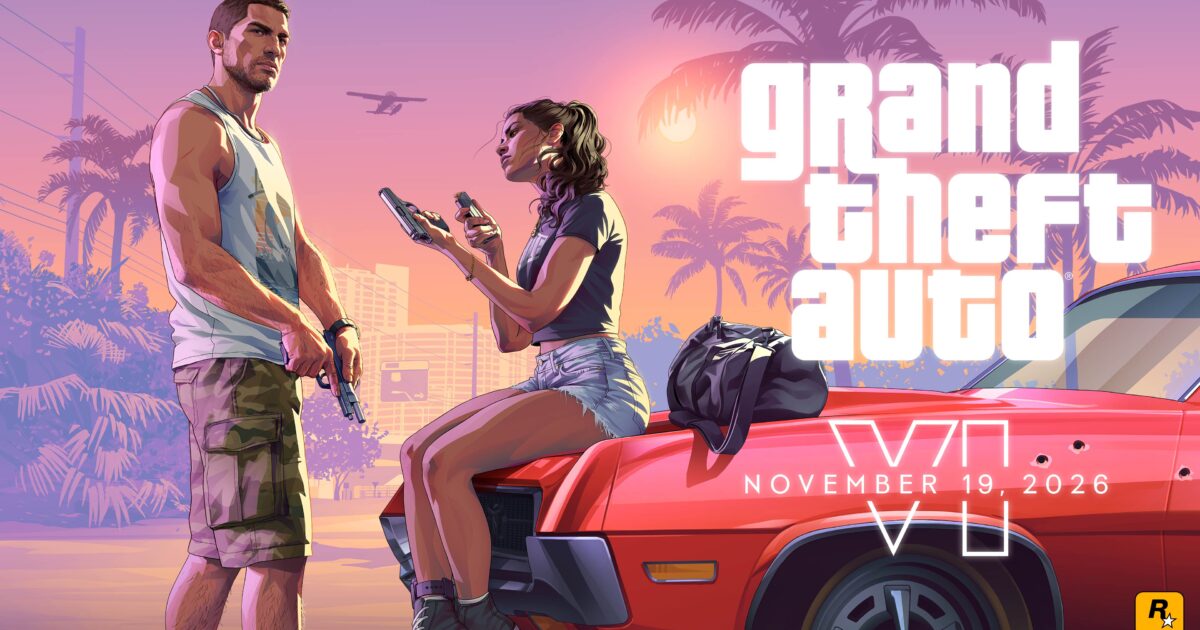 Jason e Lucia accanto a unauto nellillustrazione ufficiale di Grand Theft Auto VI