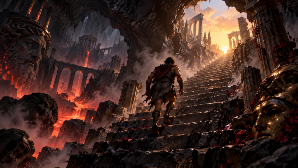 Hades guida alle prime fughe | copertina editoriale Gamescafe Illustrazione editoriale una figura risale una scalinata di pietra da un regno sotterraneo fantastico
