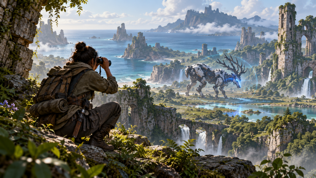 Esploratrice tra rovine e macchine in un paesaggio costiero illustrazione per Horizon Forbidden West