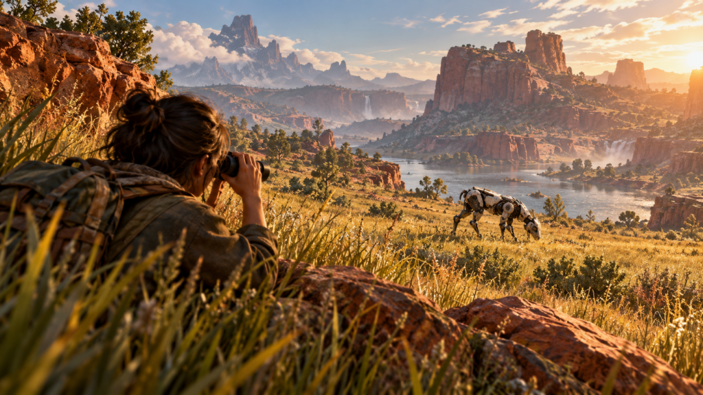 Cacciatrice davanti a una macchina in un paesaggio post apocalittico illustrazione per Horizon Zero Dawn