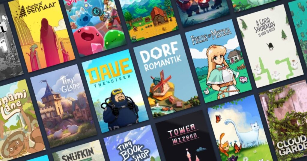 Schermata di una libreria Steam con giochi relax e simulativi