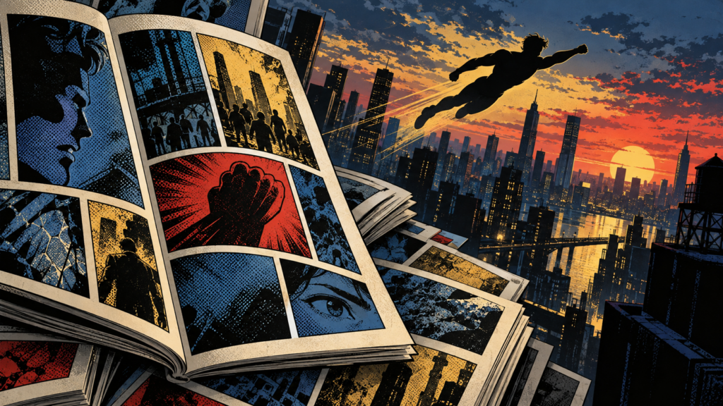 Pagine di un fumetto astratto davanti alla sagoma di un giovane supereroe in volo al tramonto