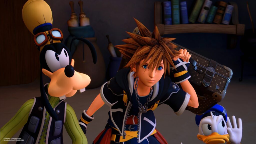 Sora al centro fra Pippo e Paperino in una scena di Kingdom Hearts III