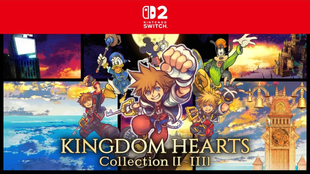 Immagine ufficiale di Kingdom Hearts Collection IIII per Nintendo Switch 2 con Sora Paperino e Pippo davanti ai mondi della saga