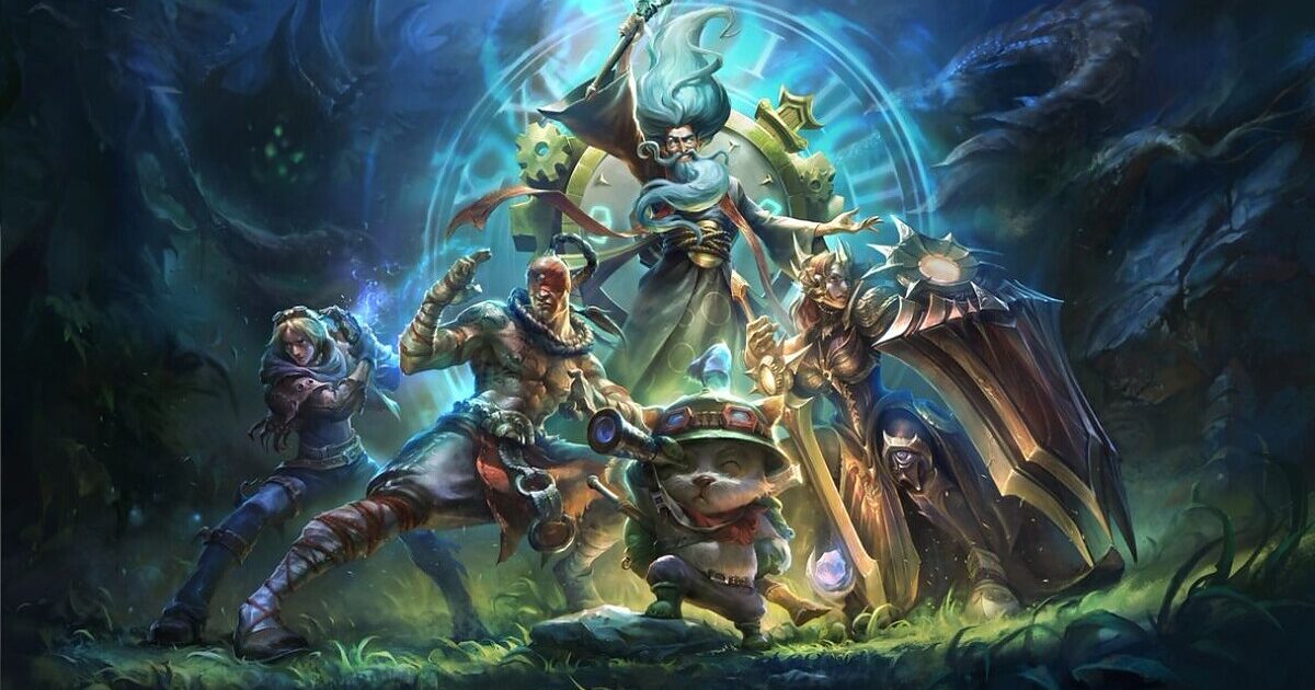 League Classic illustrazione ufficiale Riot Games Gamescafe Personaggi di League of Legends riuniti davanti a un portale luminoso nellillustrazione Riot