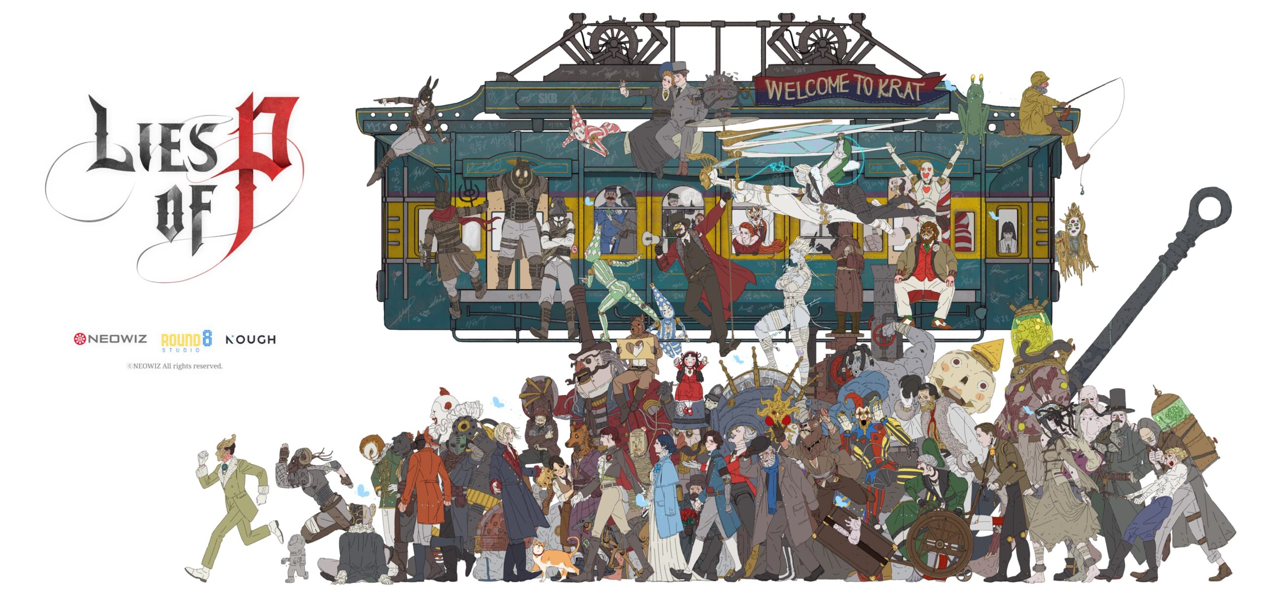 Logo Lies of P e gruppo di personaggi illustrati attorno a un tram con la scritta Welcome to Krat