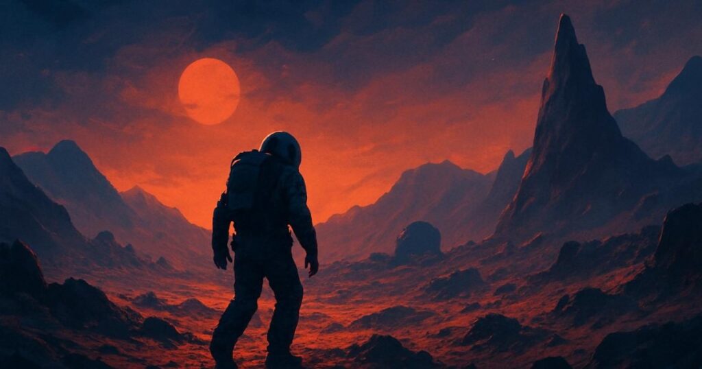 Illustrazione editoriale astratta in tonalità blu e arancioni