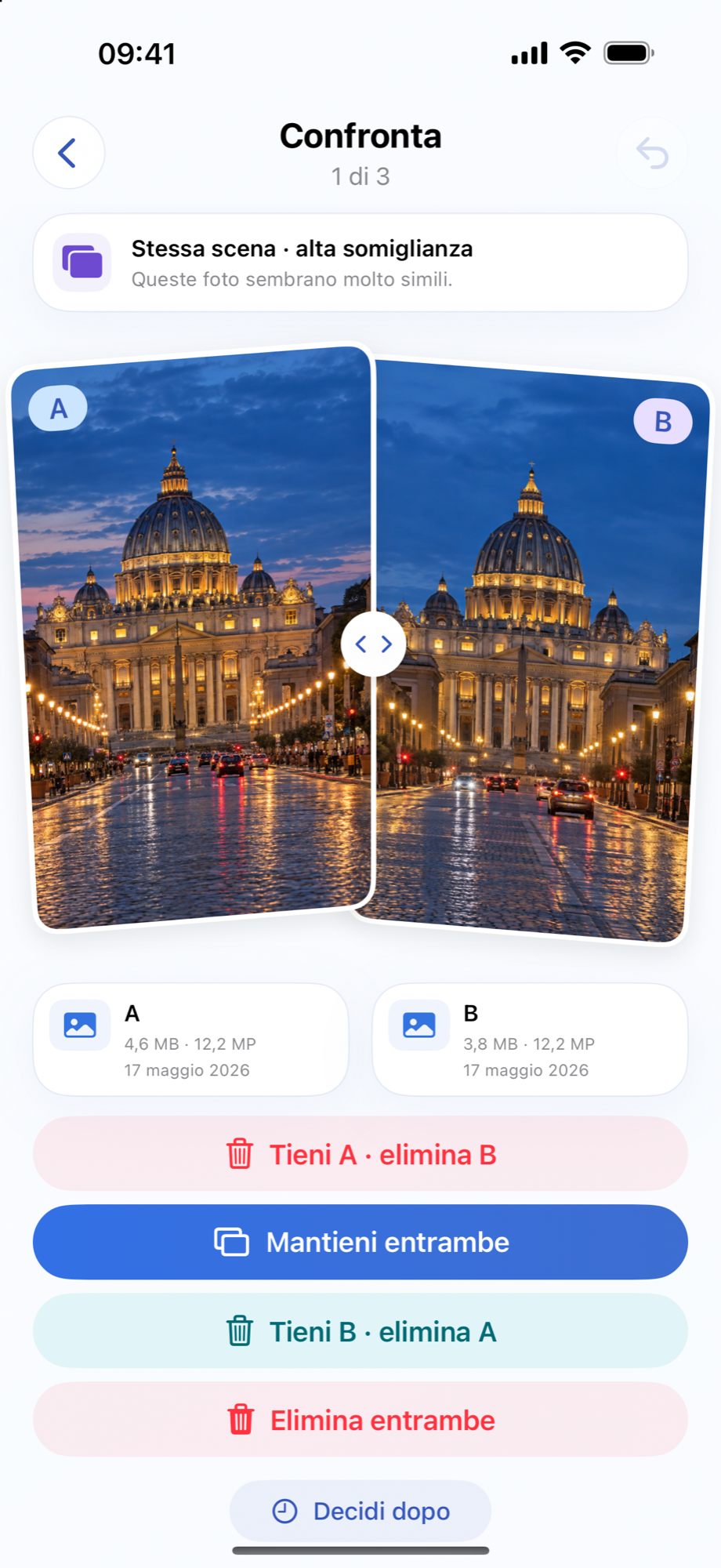 Schermata ufficiale di Memora Flow con due fotografie affiancate da confrontare