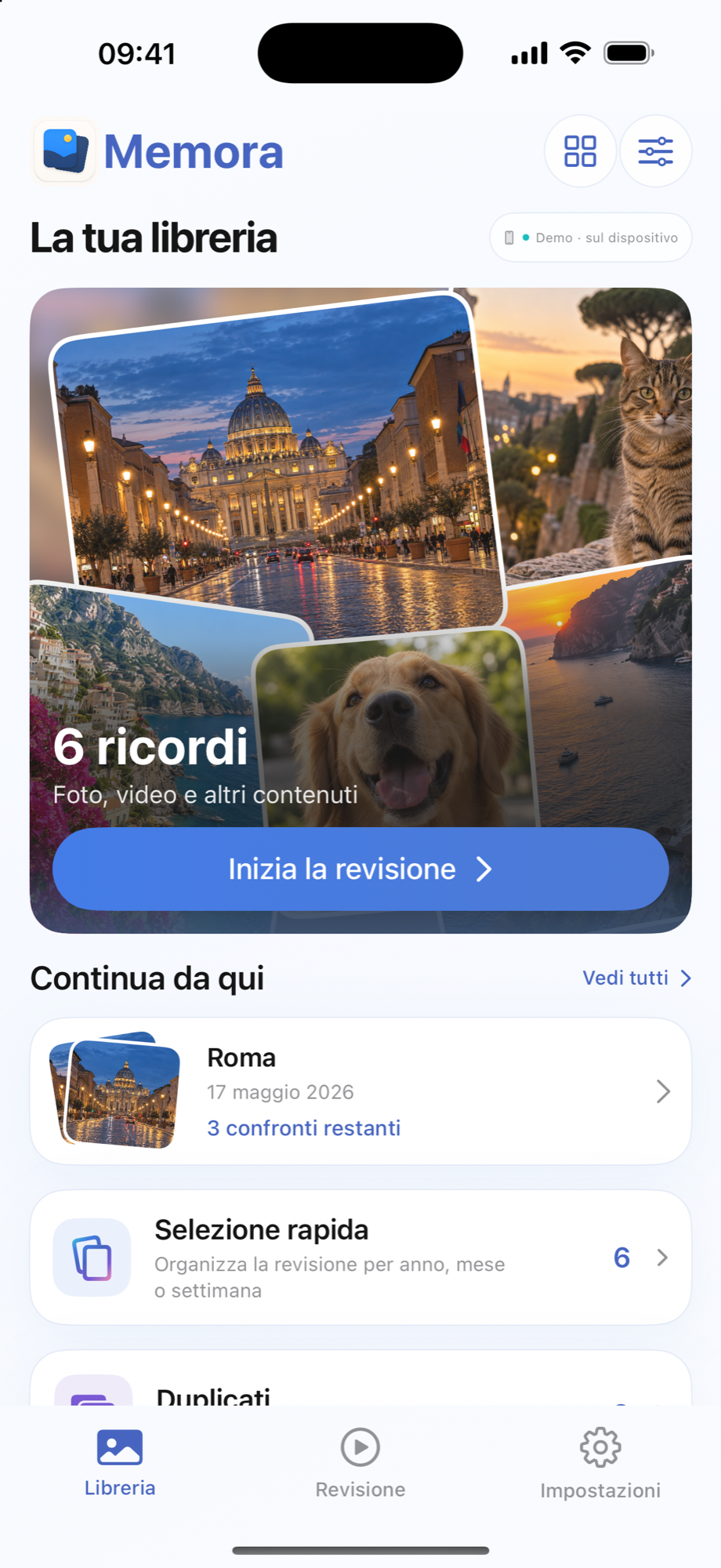 Schermata ufficiale di Memora Flow: libreria fotografica, revisione e punto da cui continuare