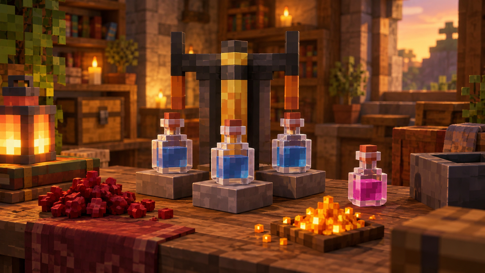Minecraft alambicco illustrazione editoriale statica Gamescafe Alambicco stilizzato con tre bottiglie e ingredienti appoggiati su un tavolo a blocchi illustrazione editoriale