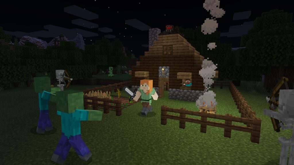 Minecraft sopravvivenza notturna schermata ufficiale Gamescafe Alex difende una casa dai mostri durante la notte in Minecraft