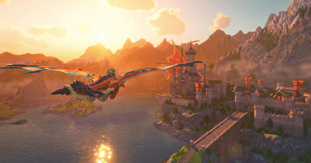 Un Rider vola su un mostro alato verso una città fortificata al tramonto in Monster Hunter Stories 3