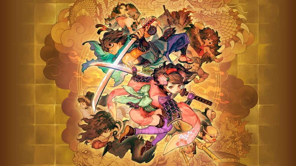 Illustrazione di Muramasa con Momohime e Kisuke armati di spada davanti agli altri personaggi su sfondo dorato