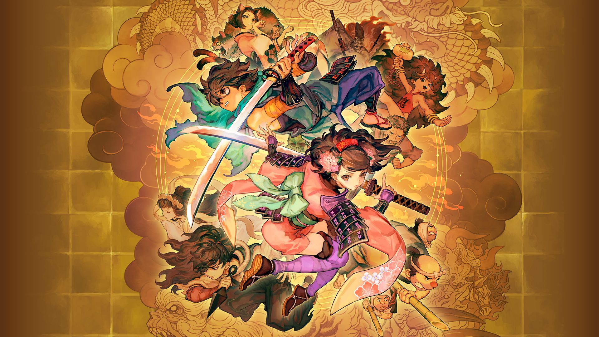 Illustrazione di Muramasa con Momohime e Kisuke armati di spada davanti agli altri personaggi su sfondo dorato
