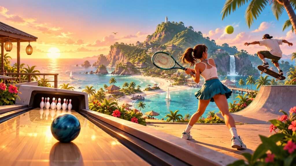 Illustrazione editoriale di unisola sportiva con bowling tennis e skateboard