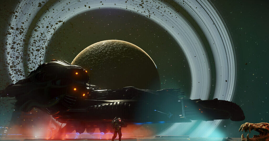 Corvette biomeccanica di No Mans Sky in uno scenario spaziale cupo