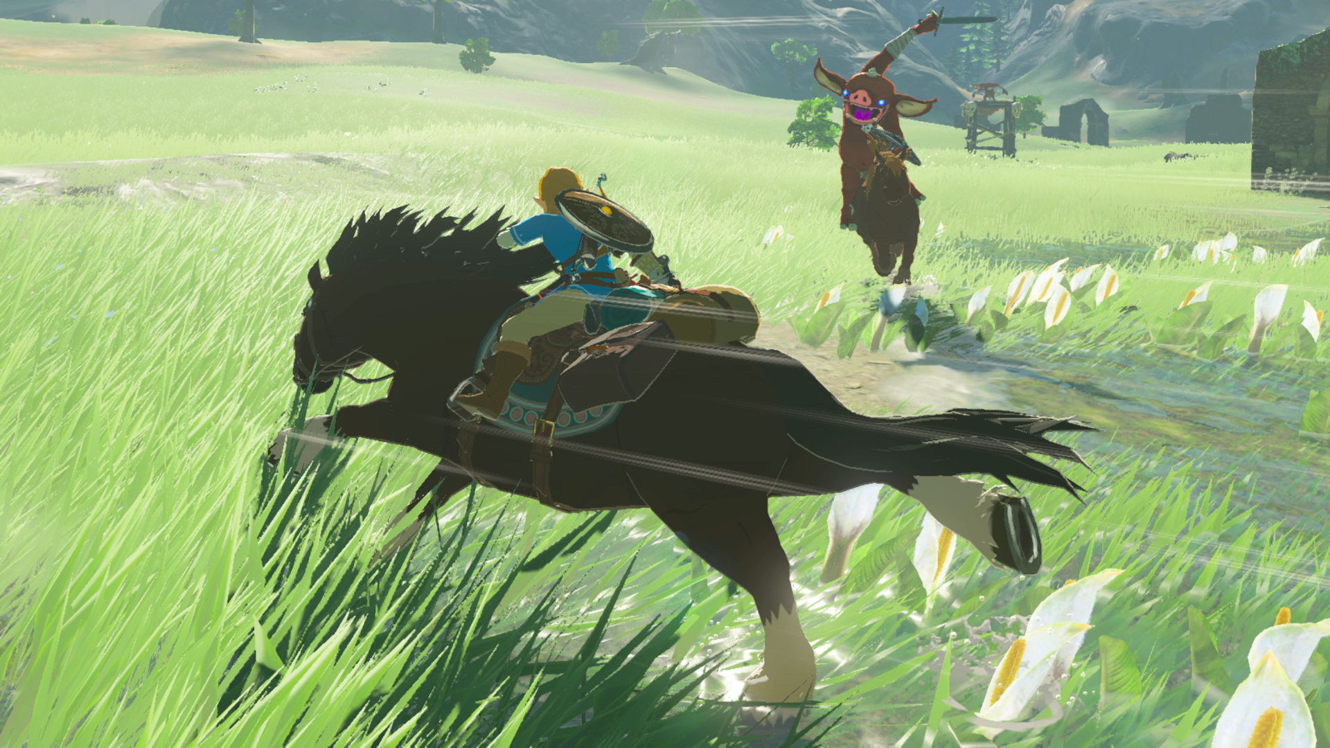 Link a cavallo in un prato mentre un Bokoblin a cavallo lo carica in The Legend of Zelda Breath of the Wild