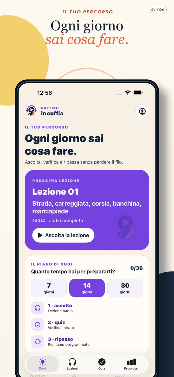 Schermata ufficiale Patenti in cuffia: piano di oggi e prossima lezione audio